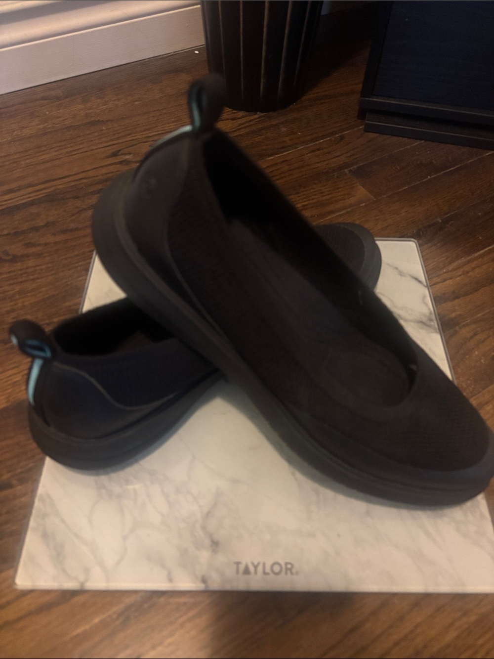 Shoes for Crews by Cole Haan Black Slip-On Flats with Teal Heel Loop